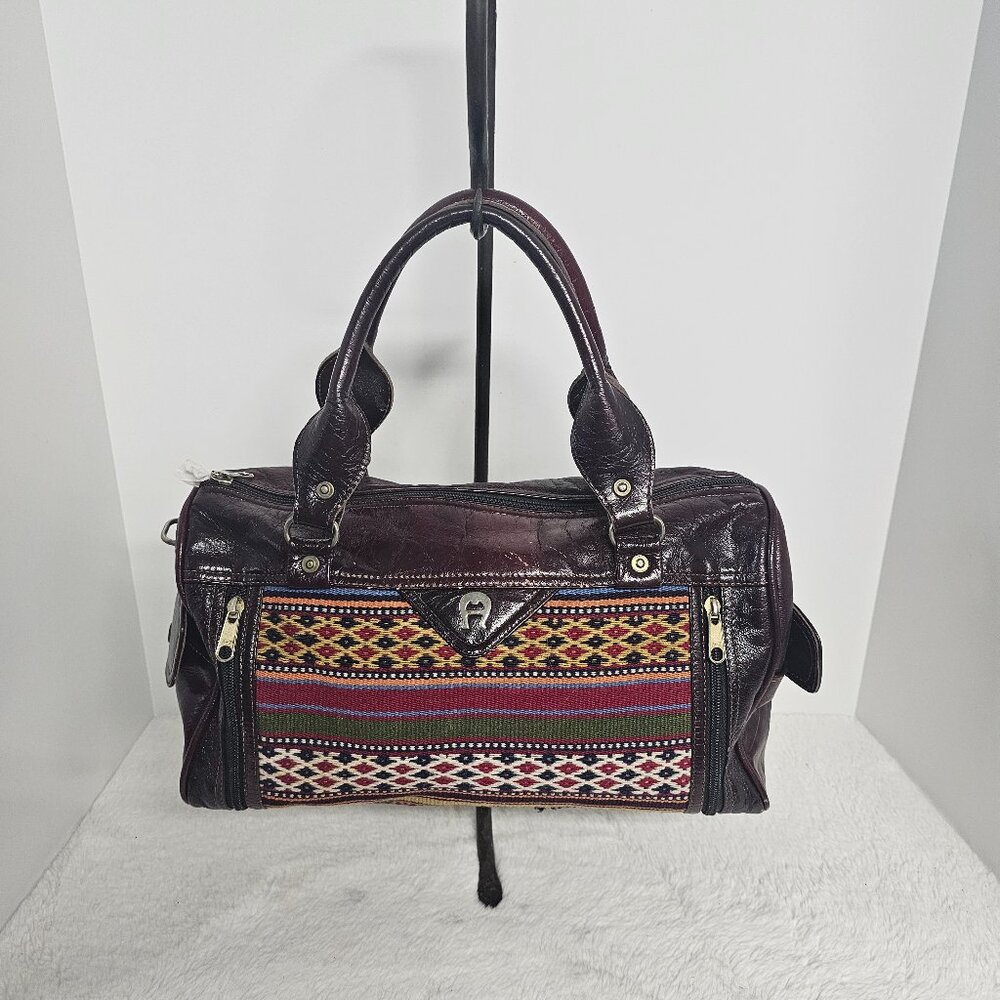 Aigner Brown Tapestry Leather Southwestern Handbag Boho Distressed Retro